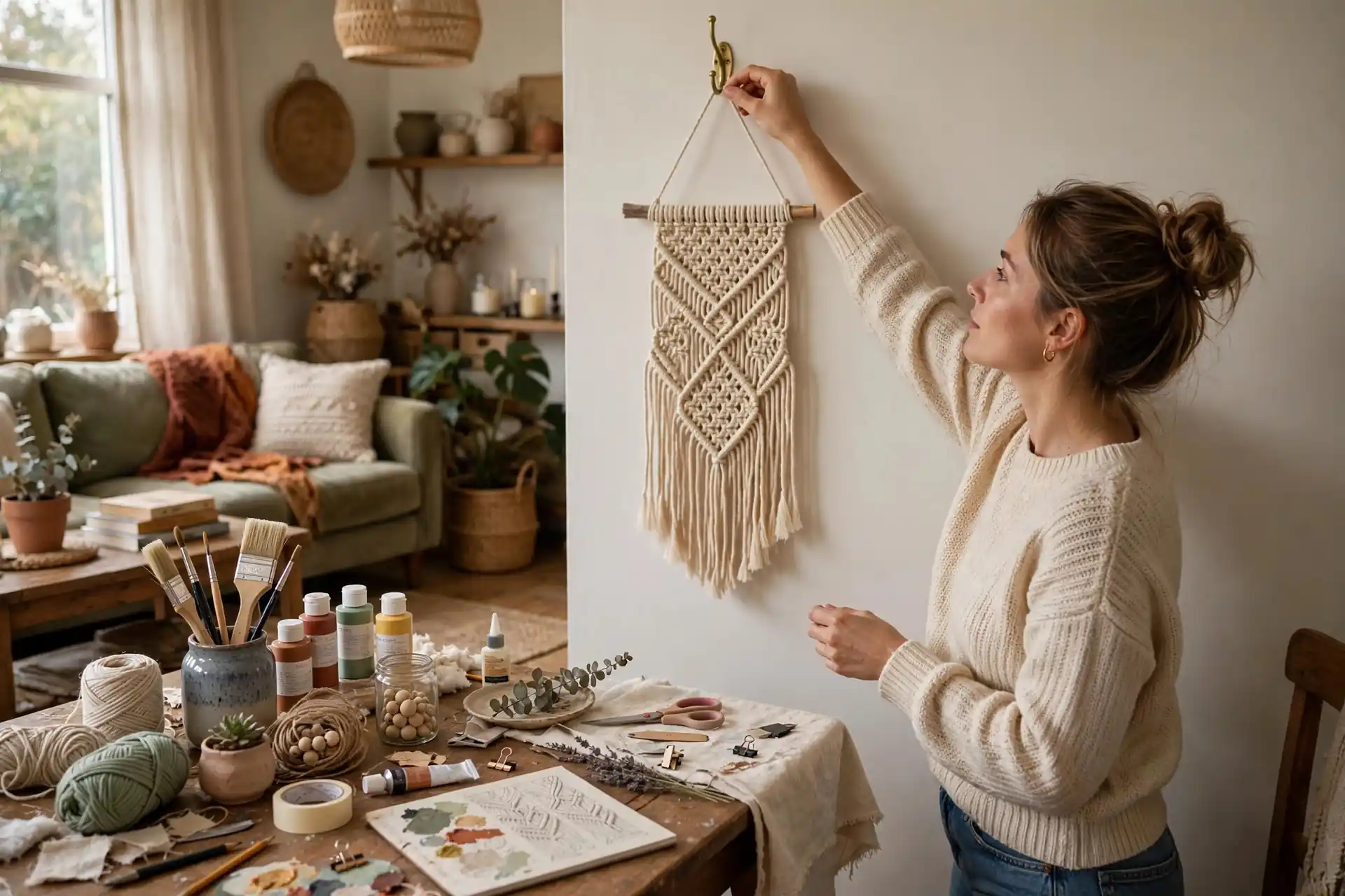 Person hanging handmade macrame wall art in a cozy living room