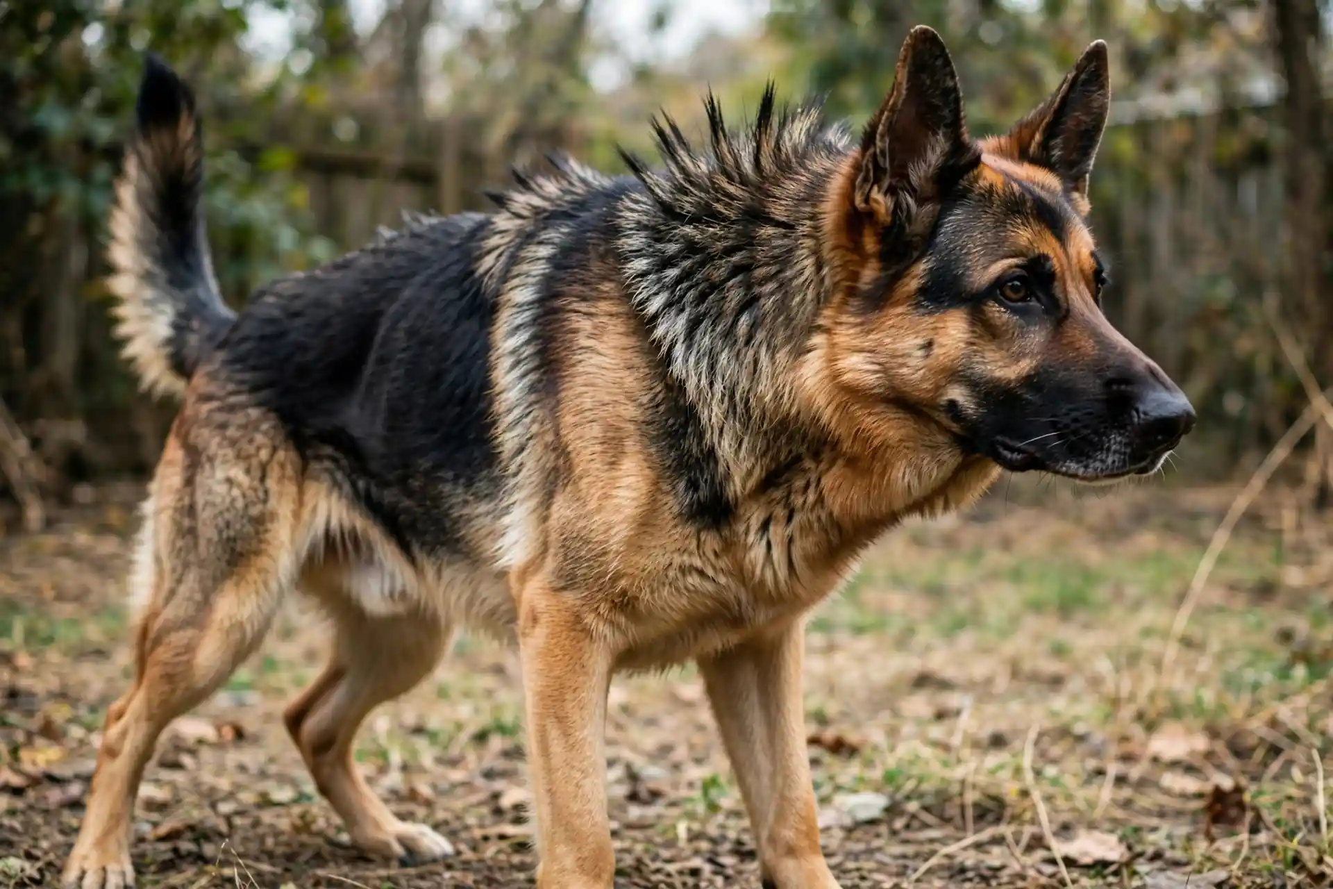 Tense dog showing warning body language with stiff posture