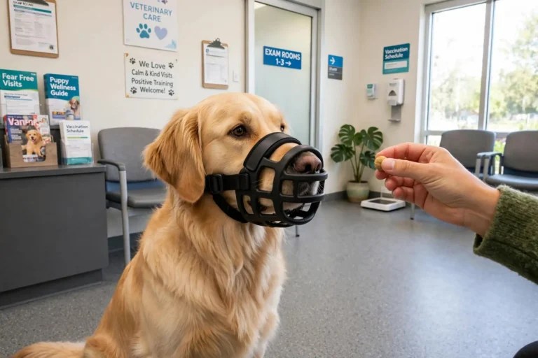 Calm dog wearing a basket muzzle in a veterinary clinic waiting room