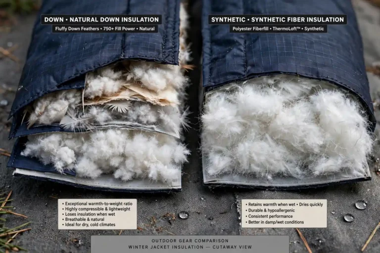 Cutaway of winter jacket showing down feathers versus synthetic insulation