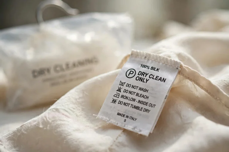 Close-up of a dry clean only care label on a silk blouse