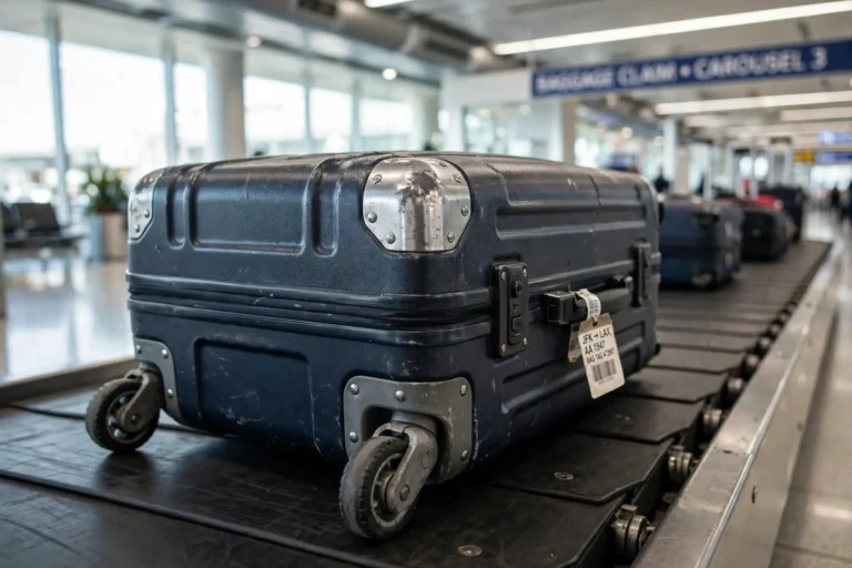 Sturdy hard-shell suitcase on an airport baggage carousel