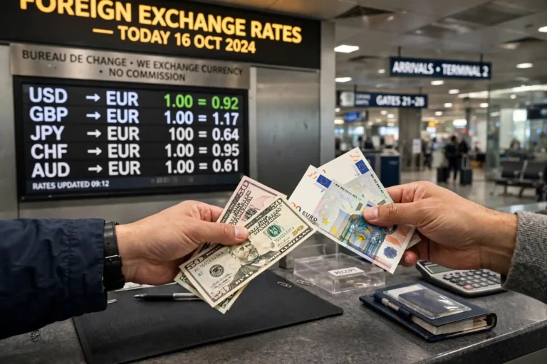 Hands exchanging foreign currency at an airport exchange counter