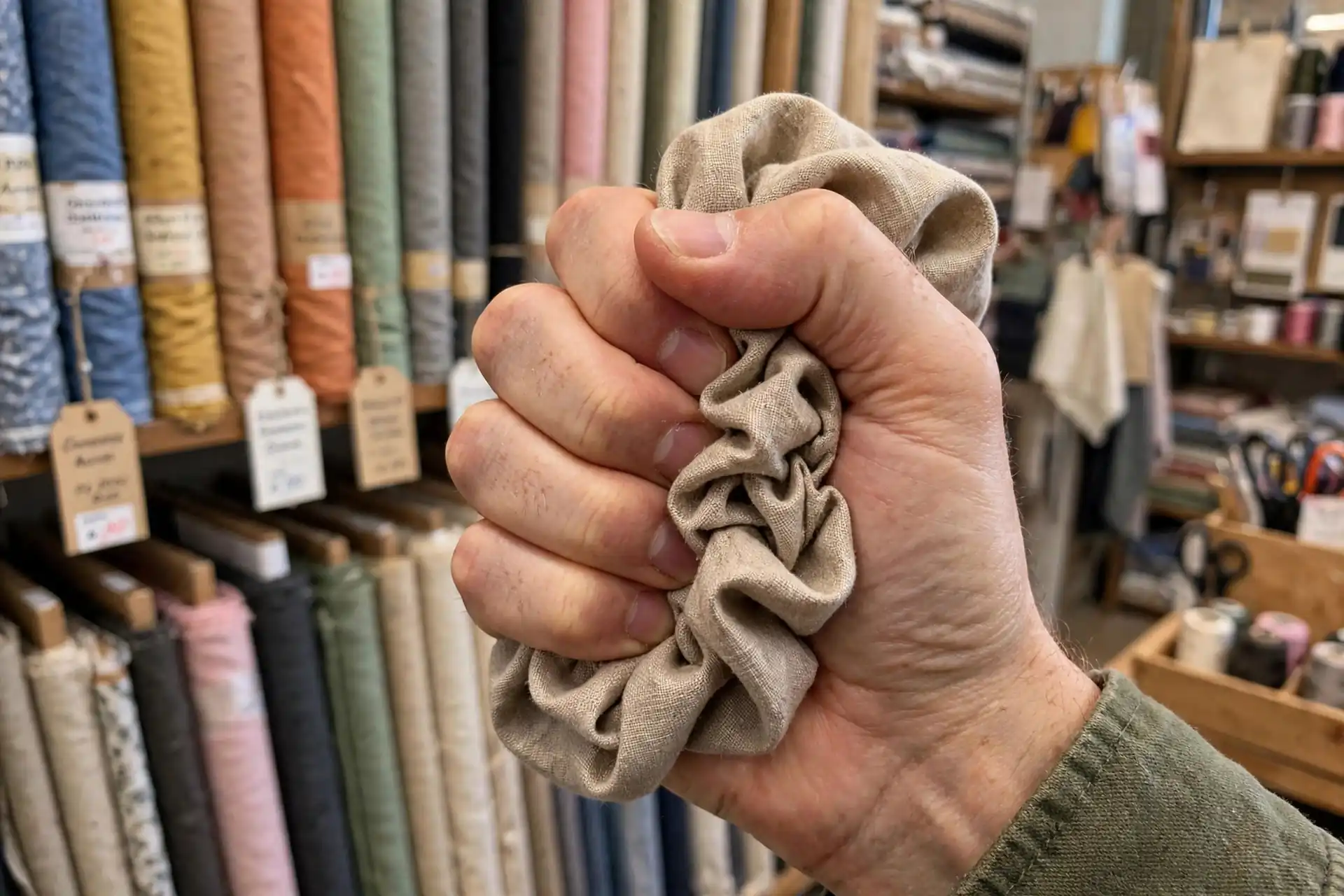 Hand scrunching fabric in a fist to test for wrinkles in a store