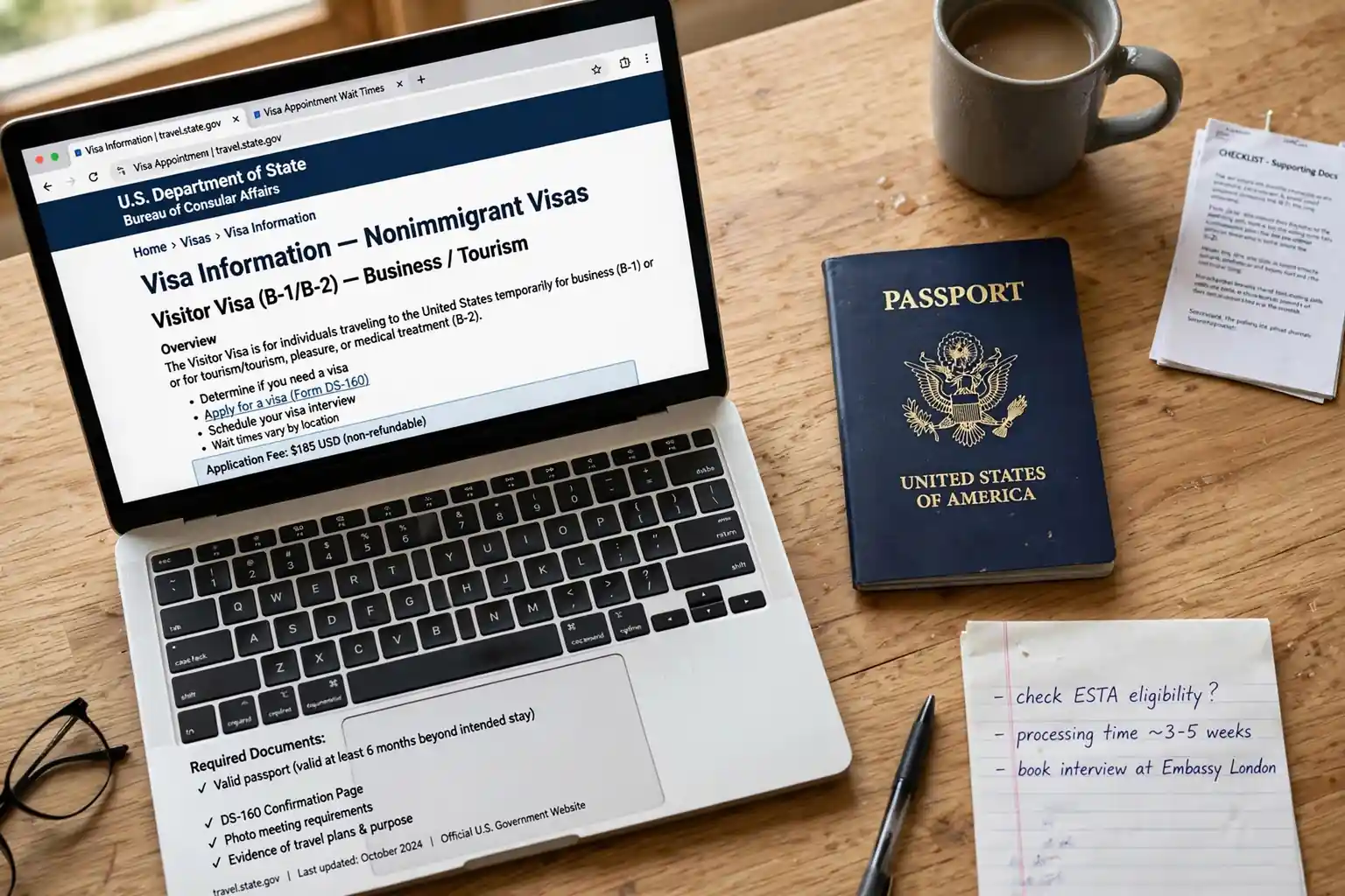 Laptop showing an official government visa website beside a passport