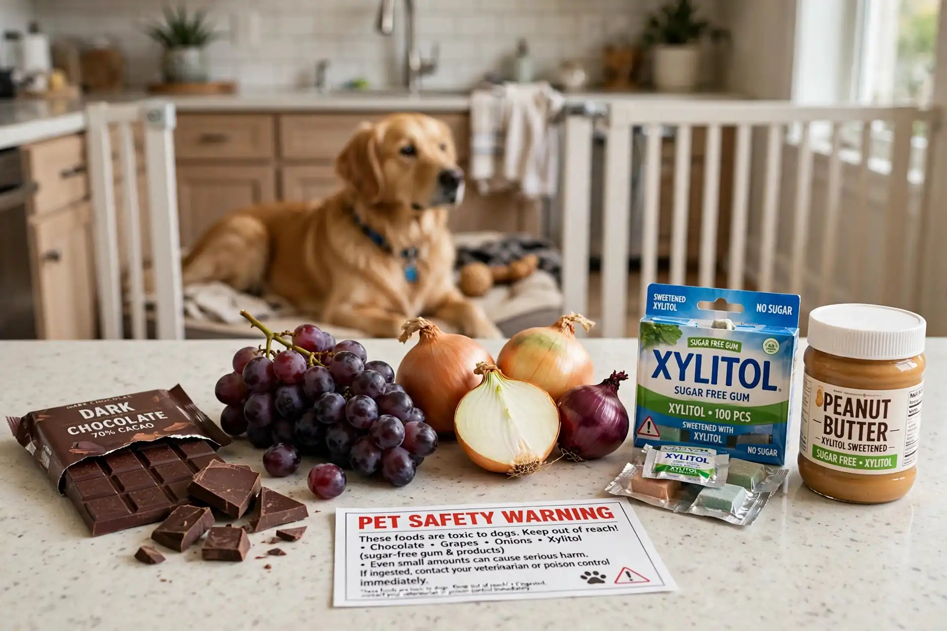 Toxic foods for dogs like chocolate and grapes on a kitchen counter