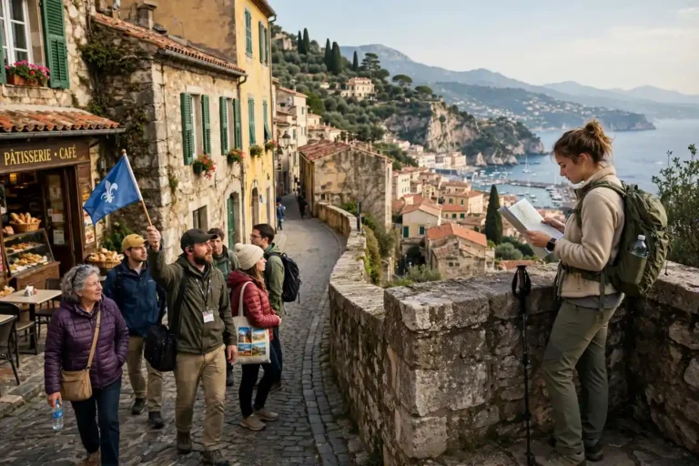 Guided tour group in a historic street beside a solo traveler with a map