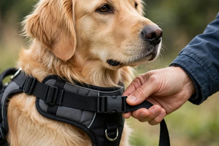 Dog wearing a well-fitted padded harness being adjusted