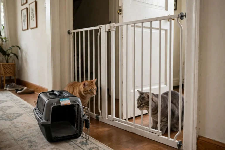 Two cats meeting through a baby gate during a careful home introduction