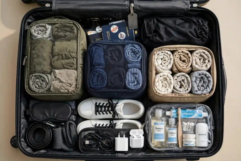 Perfectly packed carry-on with rolled clothes in packing cubes