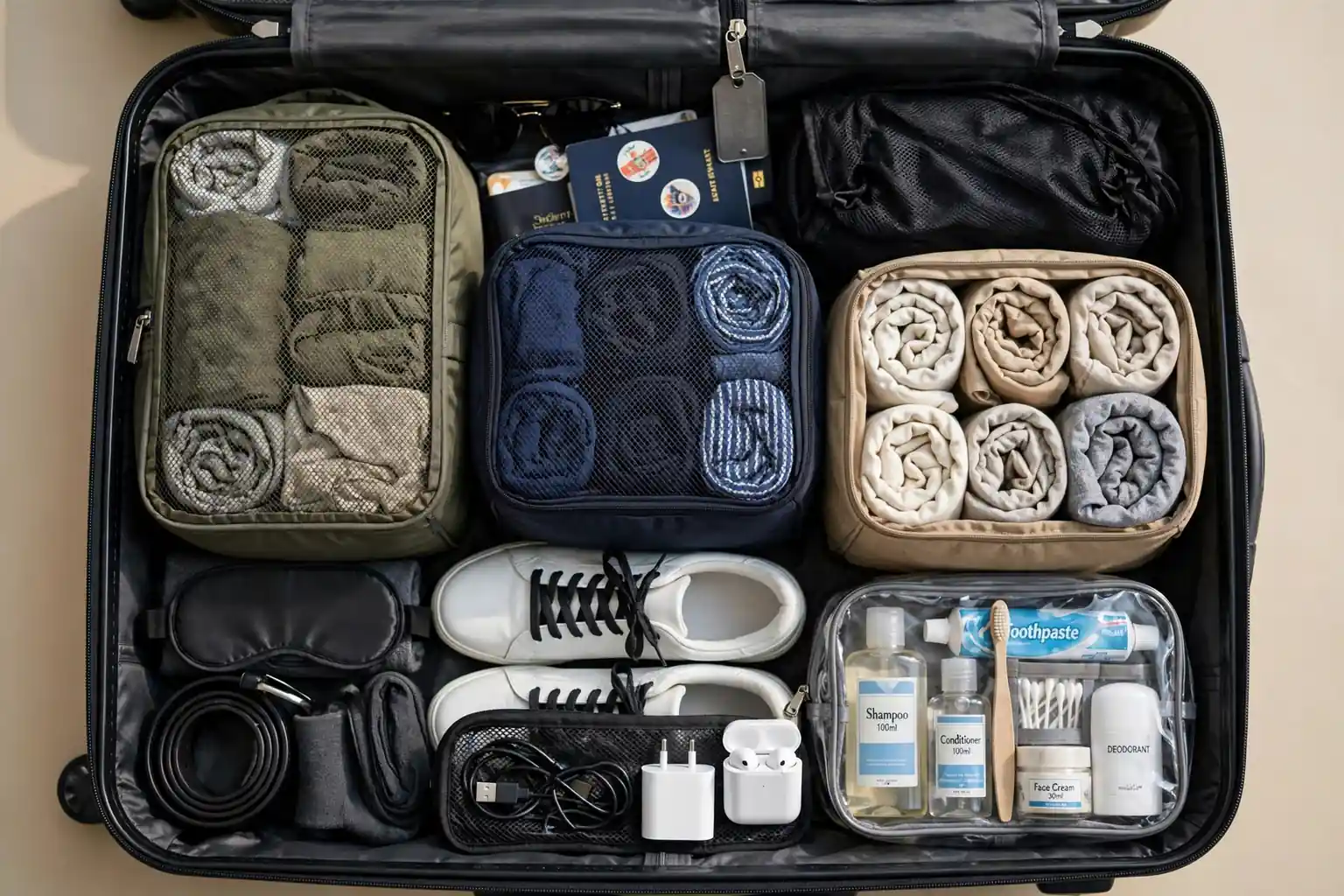 Perfectly packed carry-on with rolled clothes in packing cubes