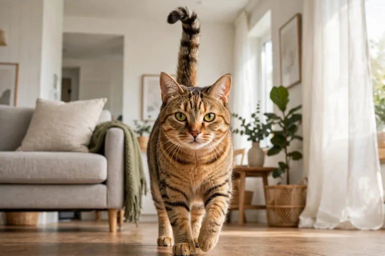 Cat walking with its tail held high showing confident body language