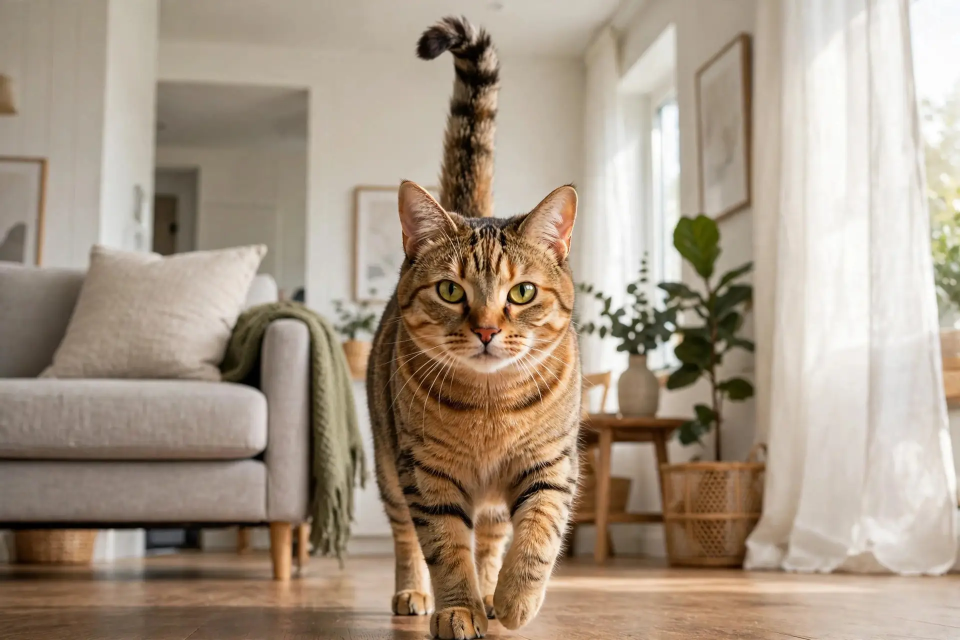 Cat walking with its tail held high showing confident body language
