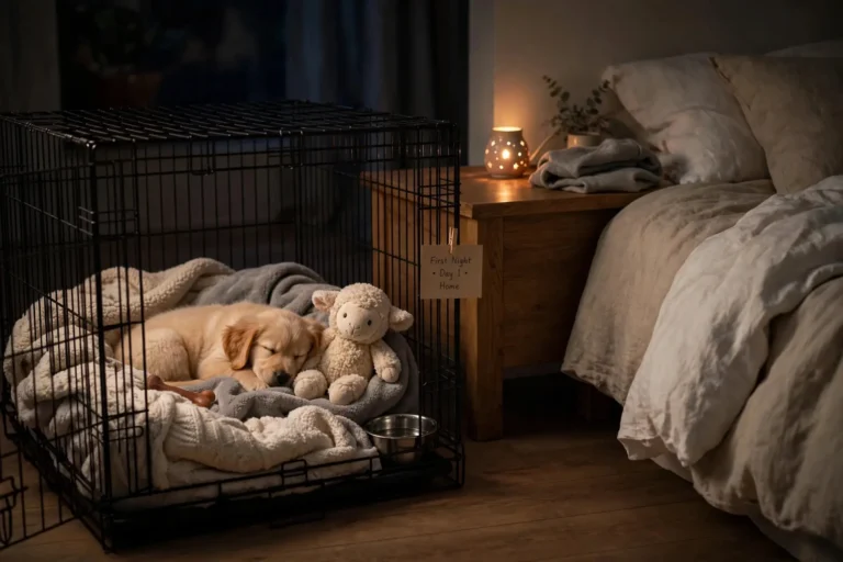 Cozy puppy crate with blankets and a night light beside a bed