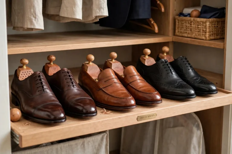 Shoes stored with cedar shoe trees on an organized closet shelf