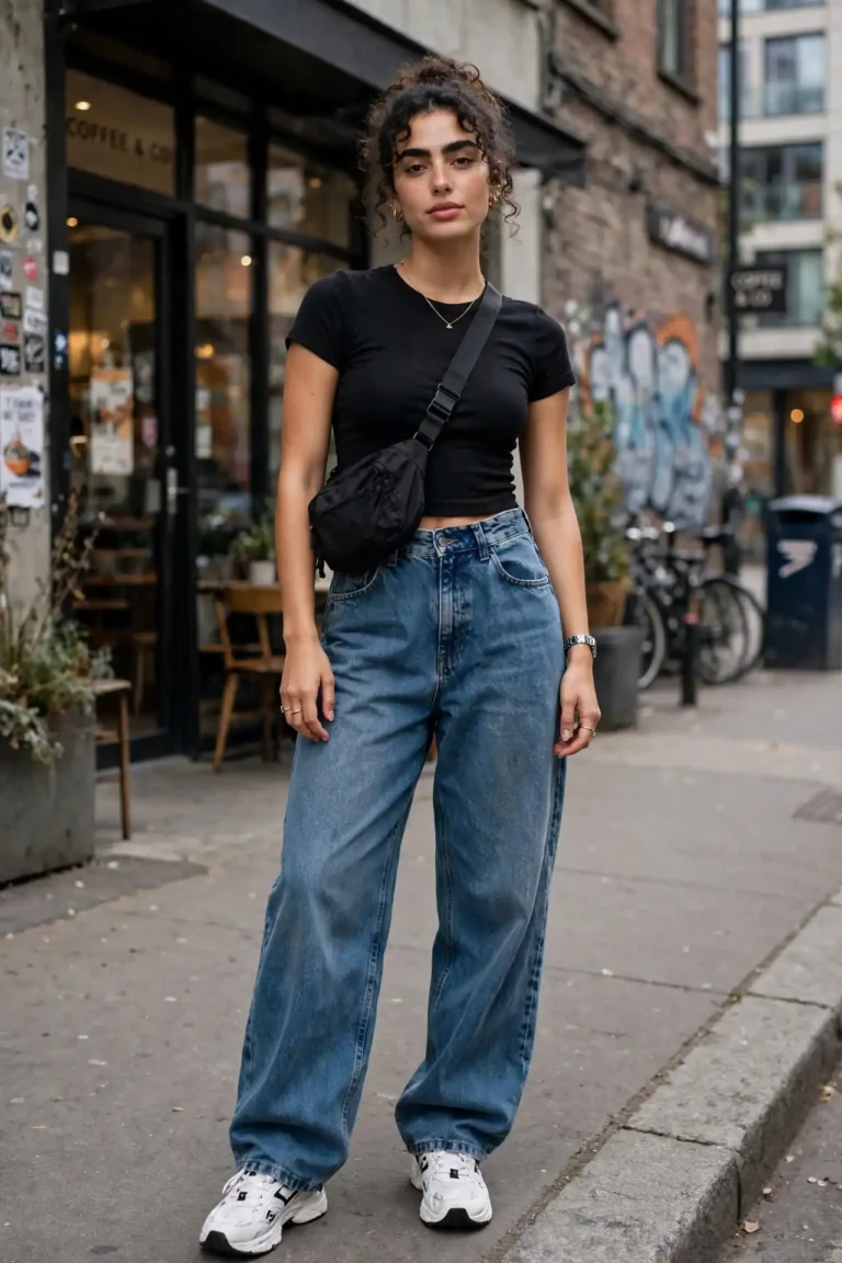 Stylish person wearing baggy jeans with a fitted top and sneakers
