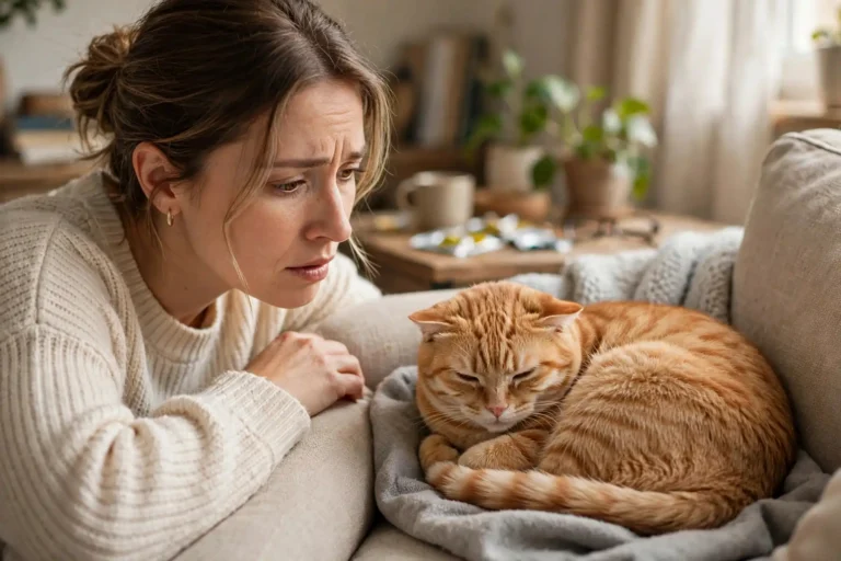 Owner observing a cat curled up with subtle signs of discomfort