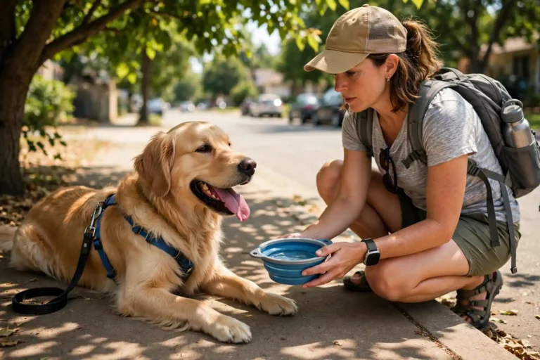 Panting dog resting in shade while owner offers water on a hot walk