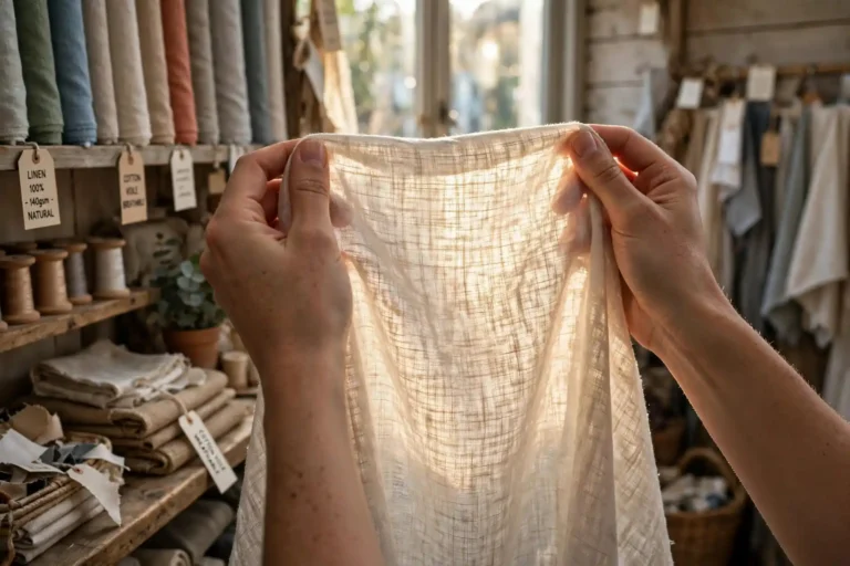 Hands holding lightweight fabric up to light to test breathability