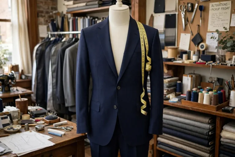 Well-fitted navy suit on a mannequin in a tailor shop