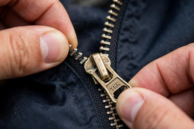 Close-up of fingers testing a sturdy metal jacket zipper