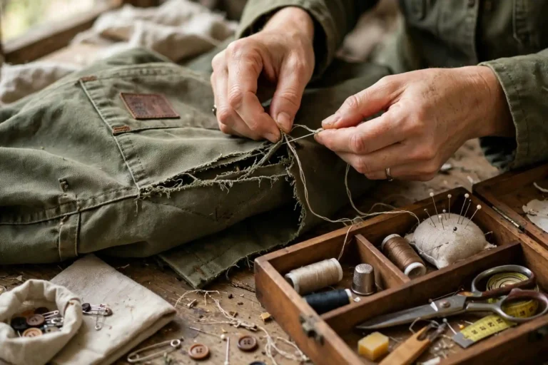 Hands mending a torn jacket seam with needle and thread