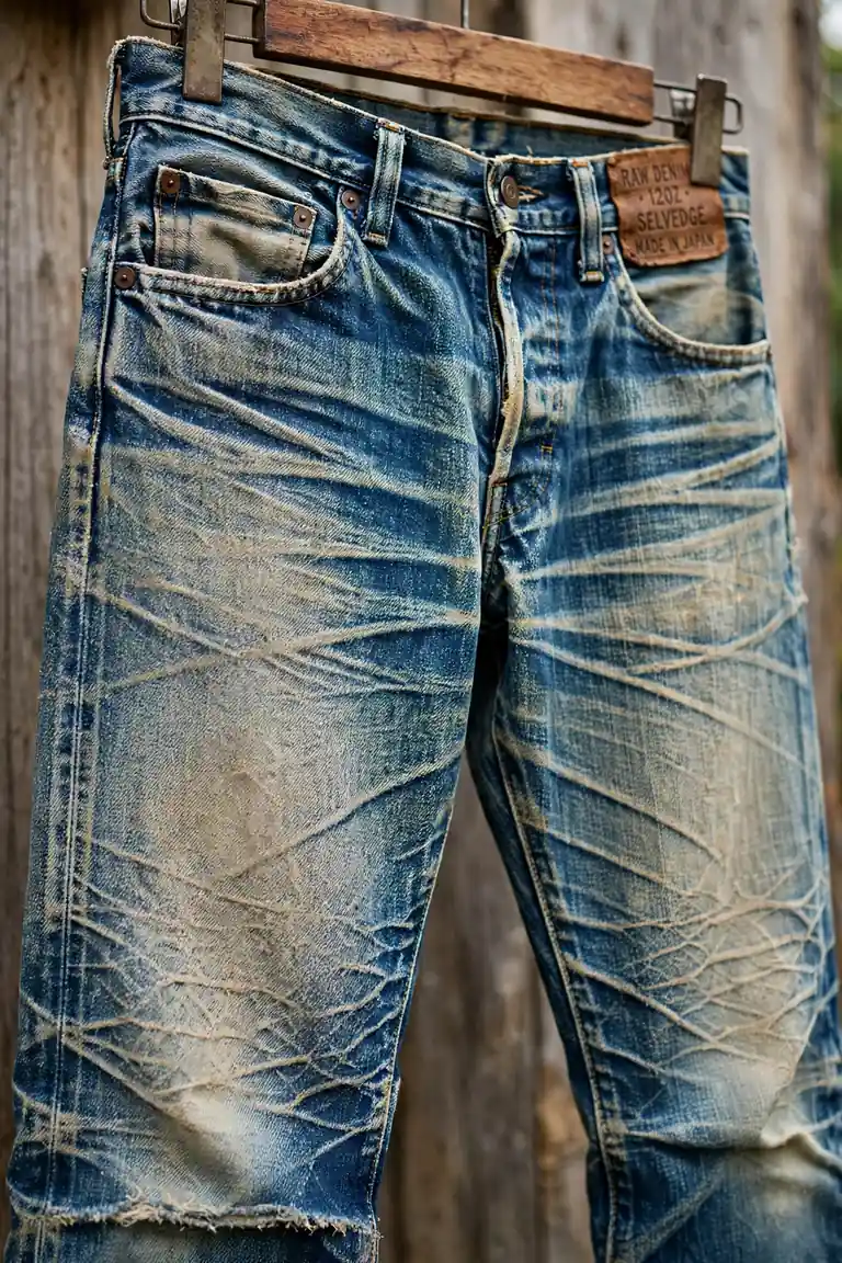 Beautifully faded raw denim jeans with honeycombs on a hanger