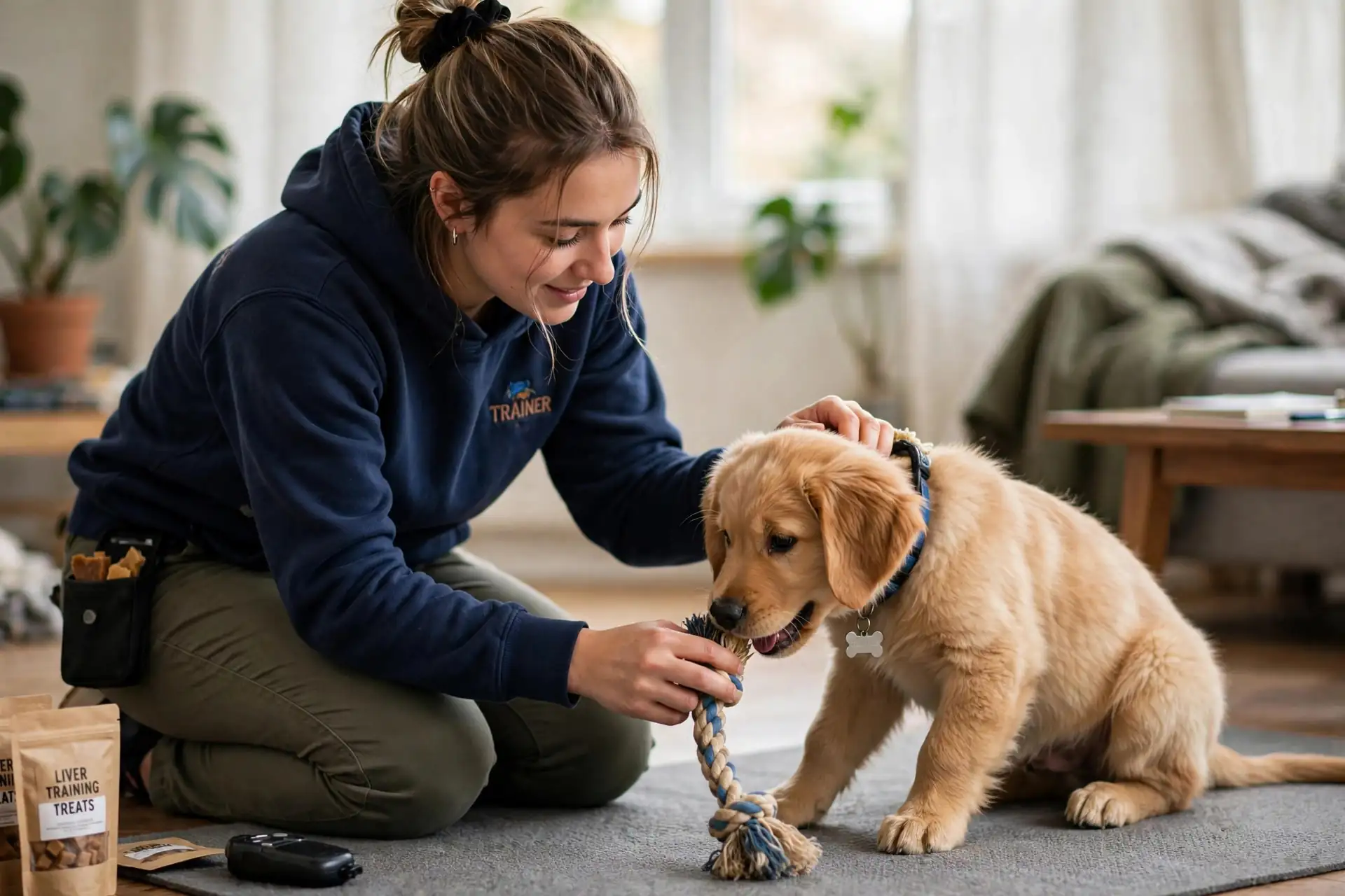 Trainer redirecting a nipping puppy toward a chew toy