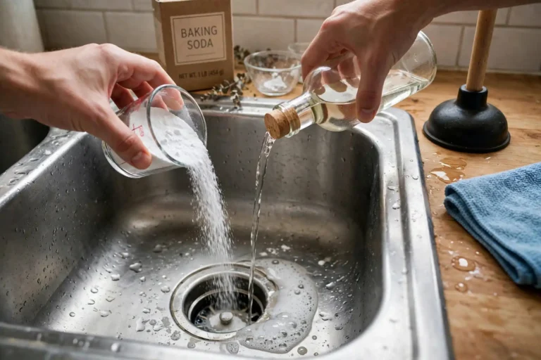 Hands pouring baking soda into a sink drain with a plunger nearby