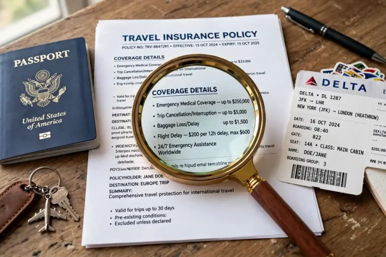 Travel insurance policy with a magnifying glass over coverage details