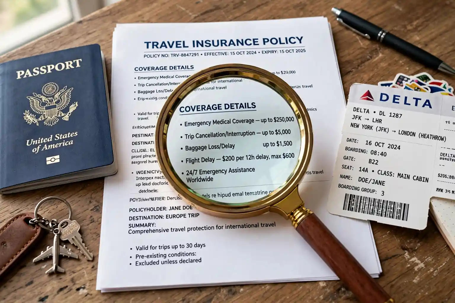 Travel insurance policy with a magnifying glass over coverage details