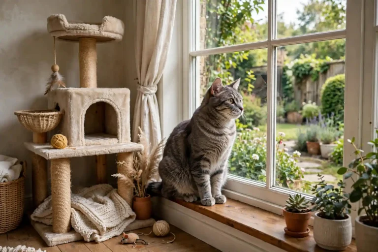 Cat on a windowsill looking out at a garden beside an indoor cat tree