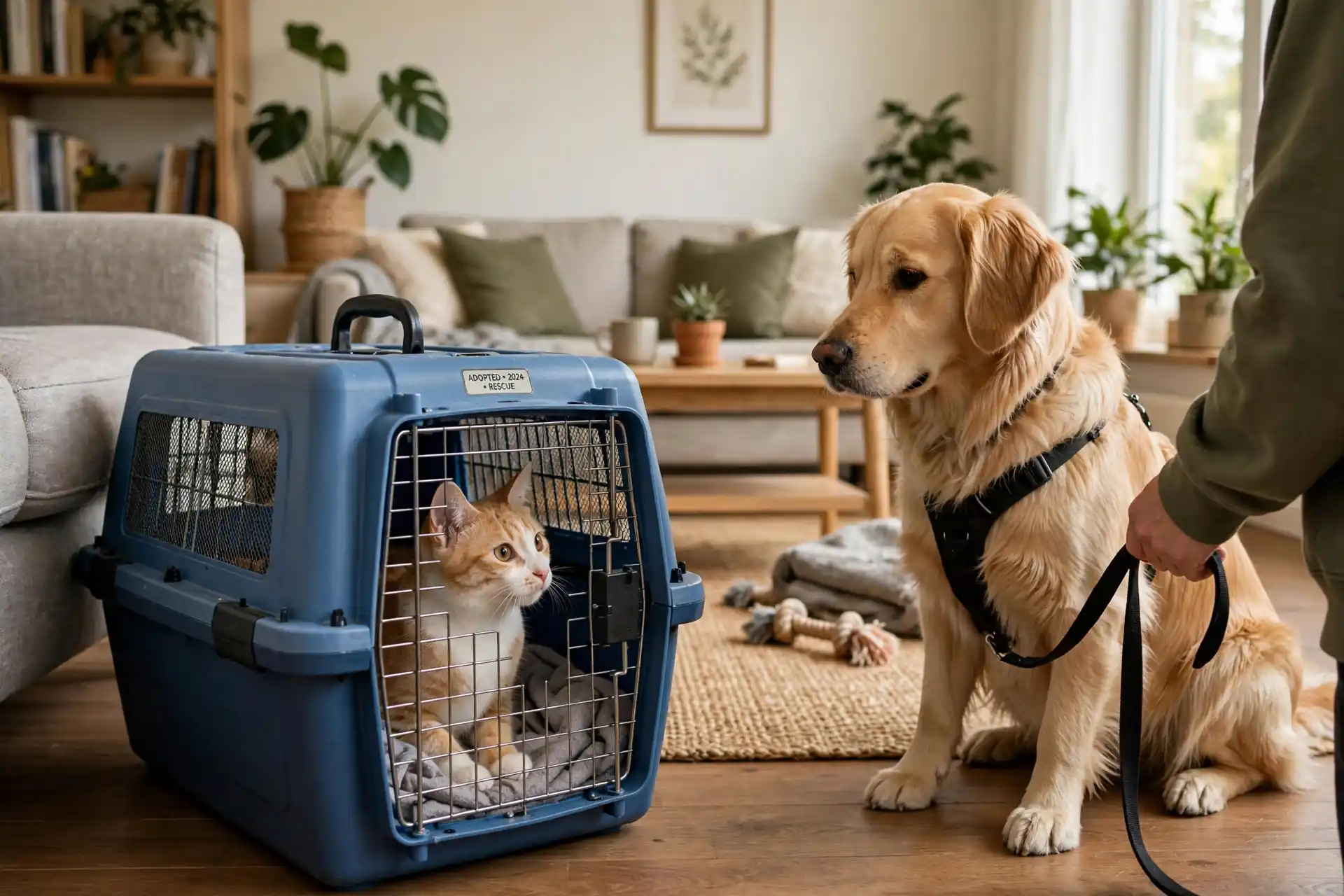 New cat in a carrier meeting a leashed resident dog at a distance