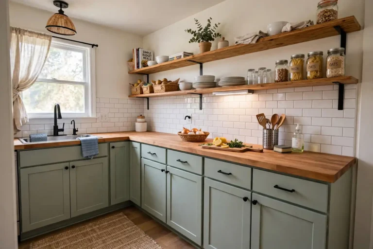 Remodeled budget kitchen with painted cabinets and open shelving