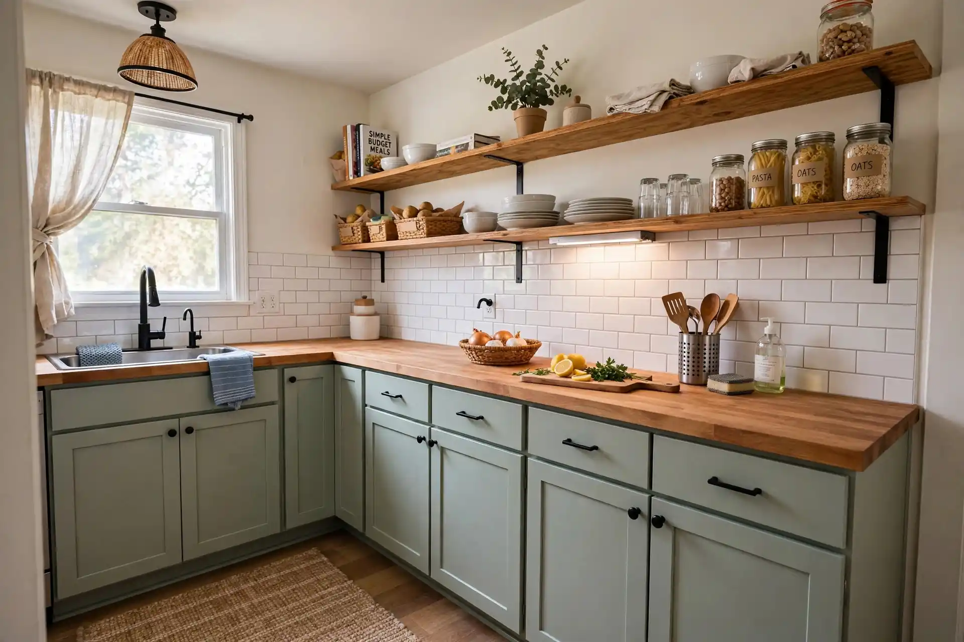 Remodeled budget kitchen with painted cabinets and open shelving
