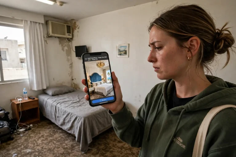 Traveler comparing a hotel listing photo on phone with the real room