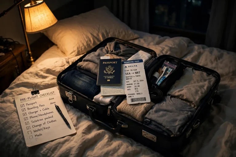 Packed suitcase with a checklist and travel documents in lamplight
