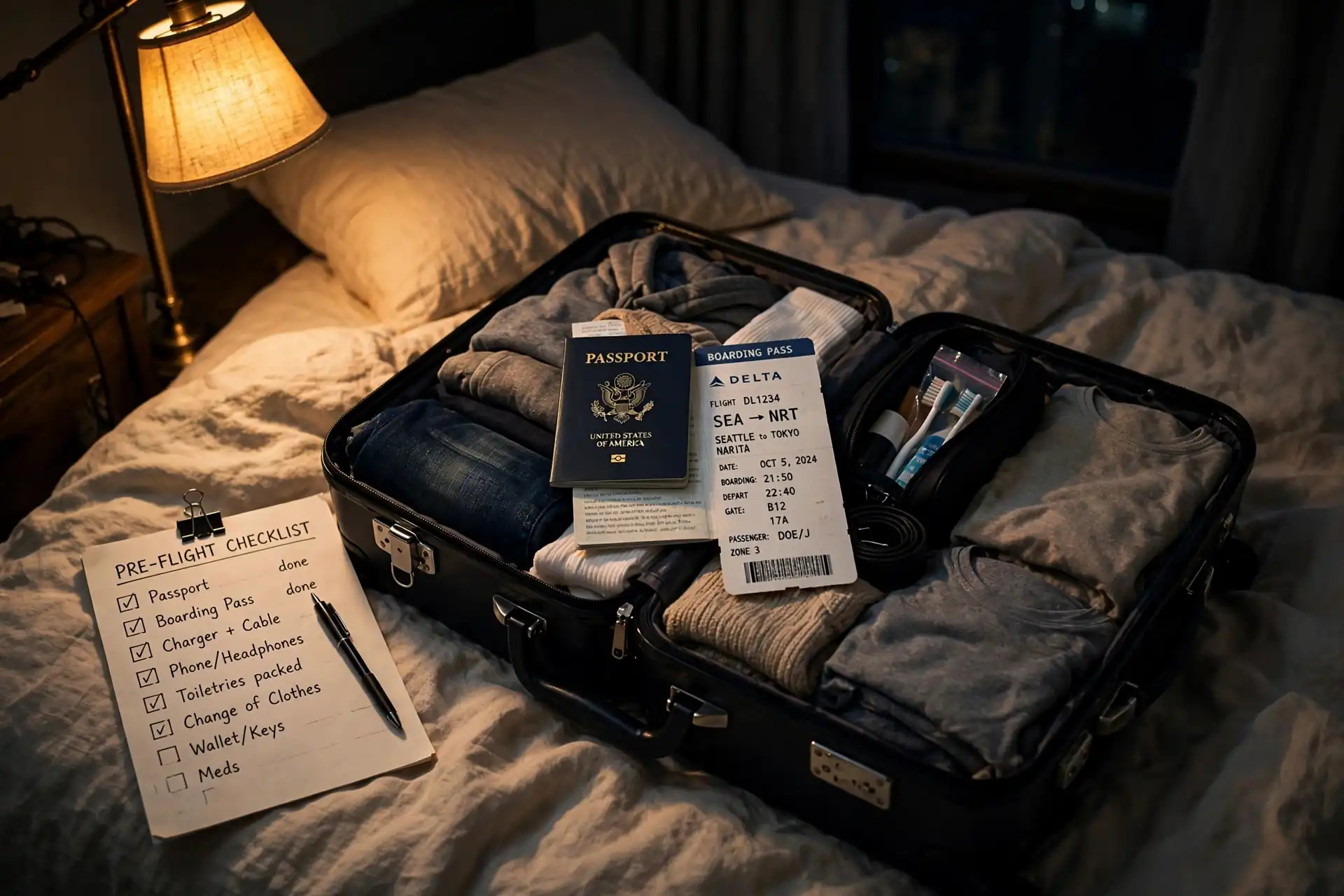 Packed suitcase with a checklist and travel documents in lamplight