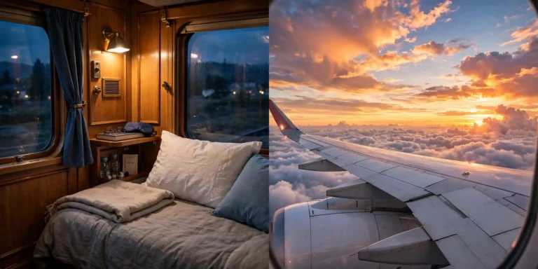 Overnight train sleeper cabin beside an airplane wing above clouds