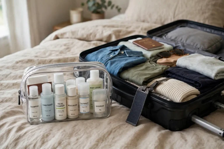 Clear toiletry bag with travel-sized bottles beside an open carry-on