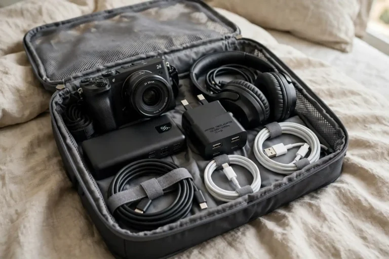 Organized travel electronics with cables and adapters in a packing cube