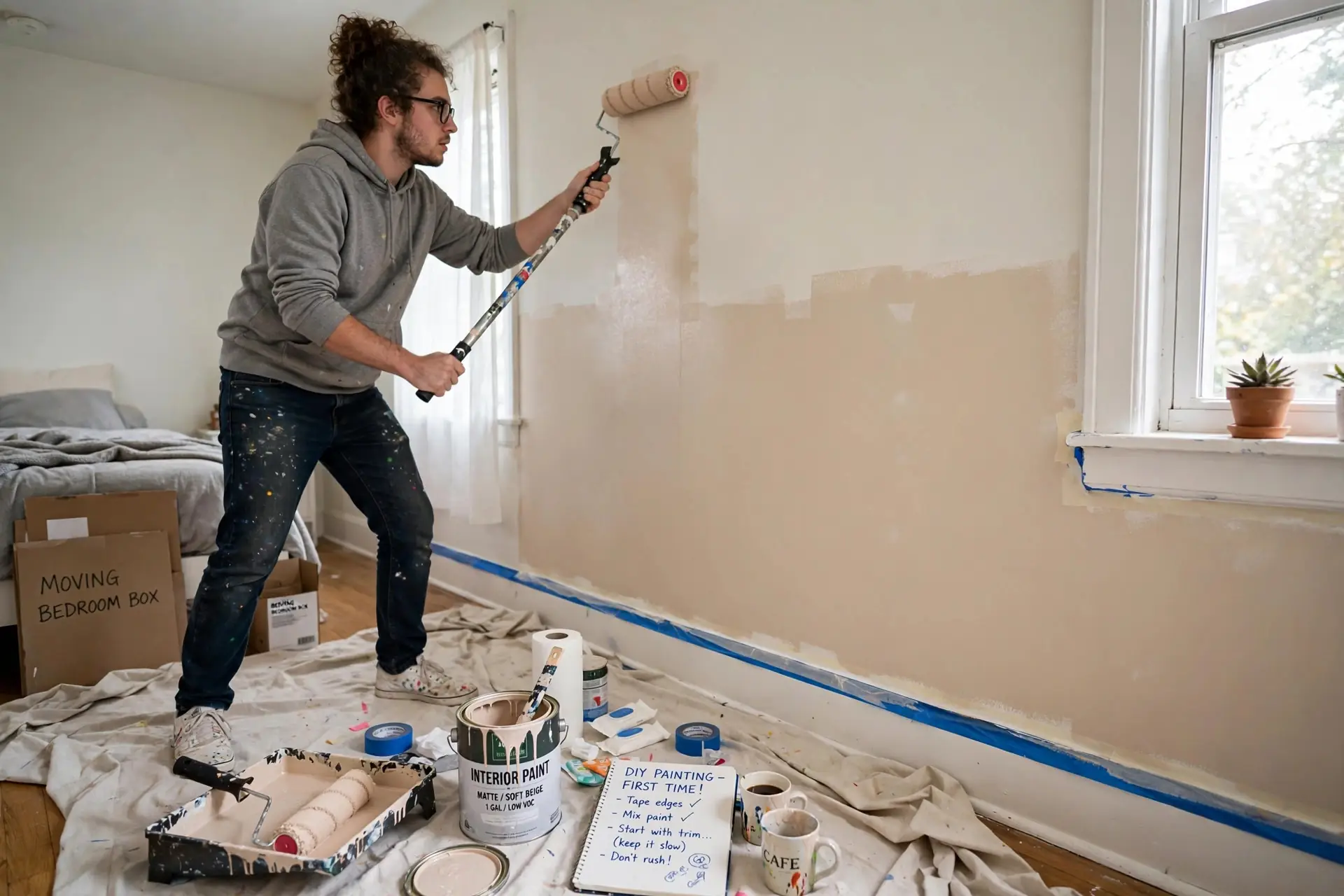 Person painting a bedroom wall with a roller and painter's tape