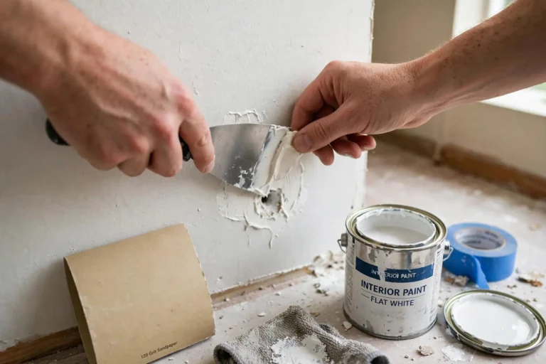 Hands applying spackle to a small drywall hole with a putty knife