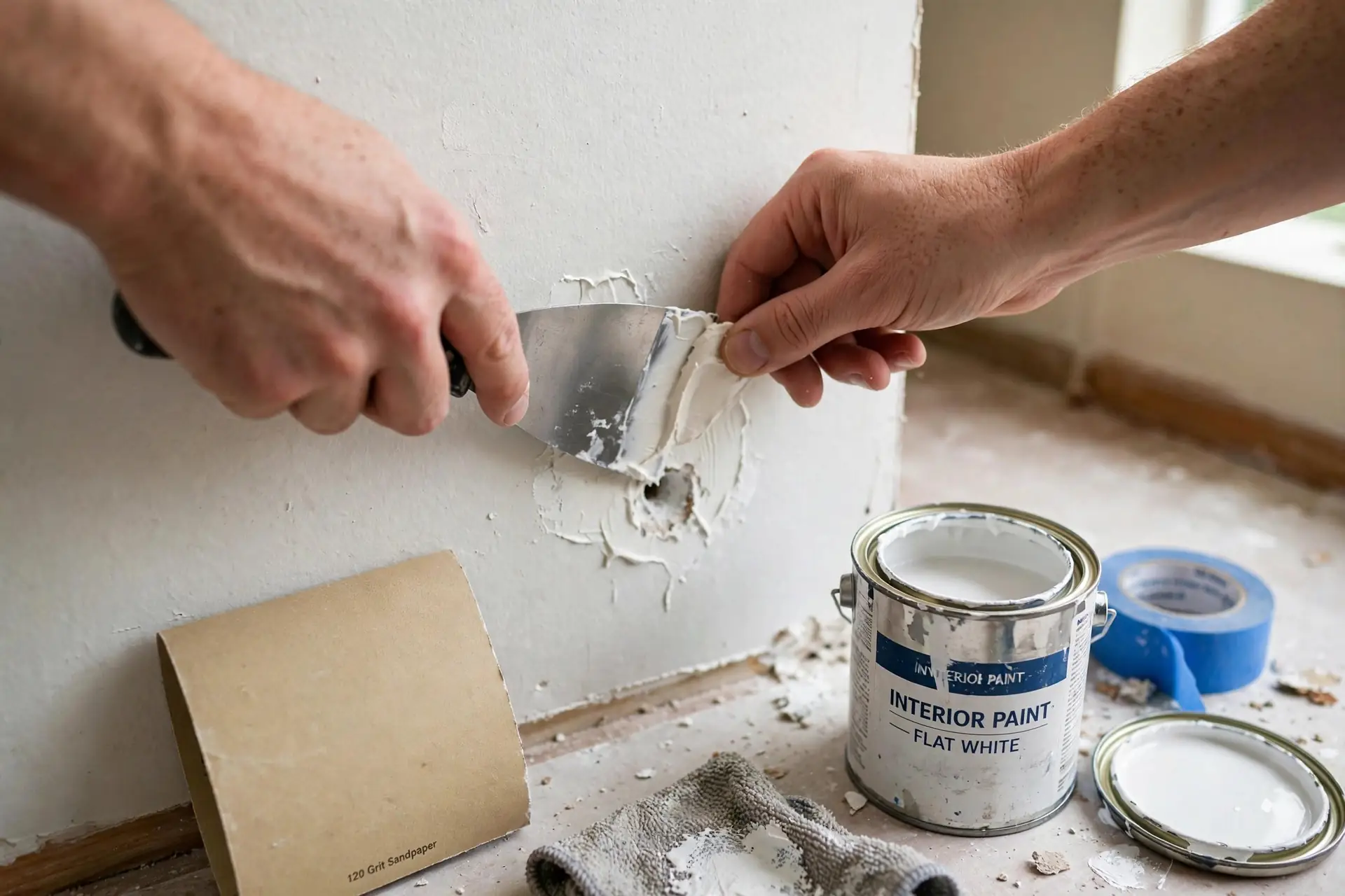 Hands applying spackle to a small drywall hole with a putty knife