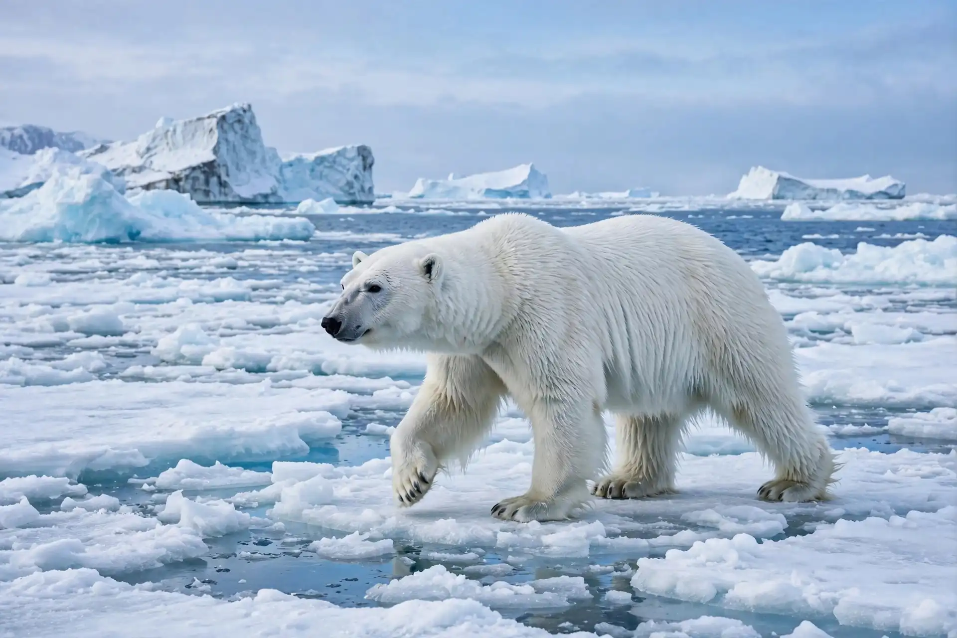 Polar bear walking across Arctic sea ice with icebergs behind