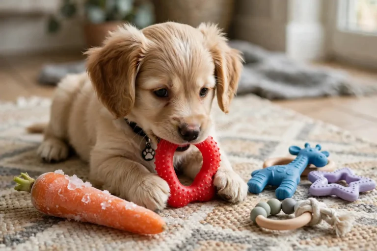 Teething puppy chewing a rubber toy with teething toys nearby