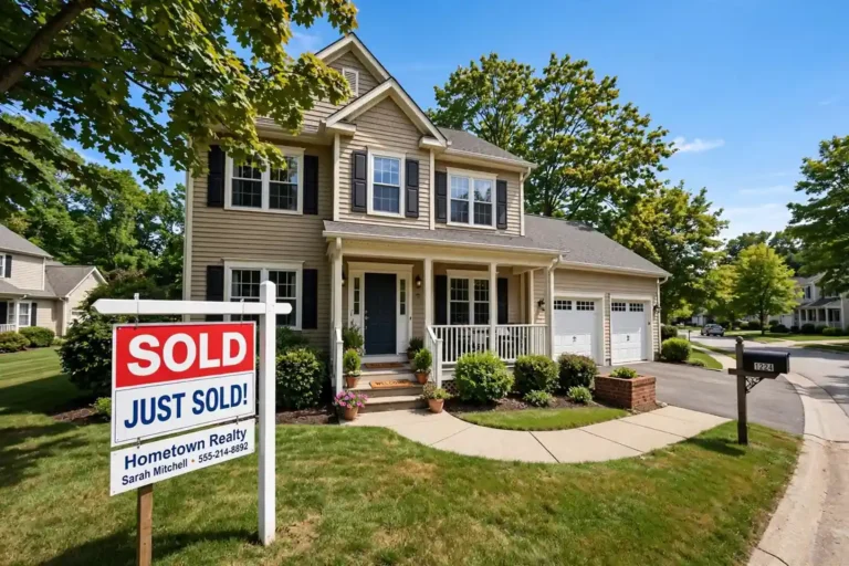 Suburban house with a sold sign in the front yard