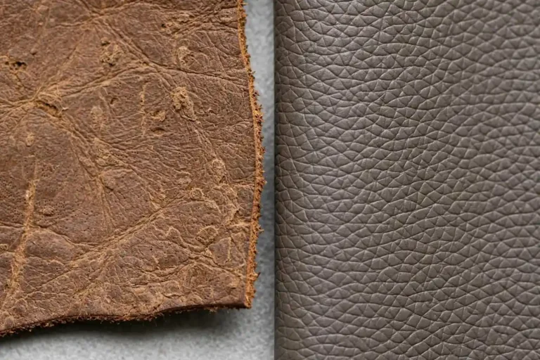 Real leather with natural grain beside uniform faux leather swatches