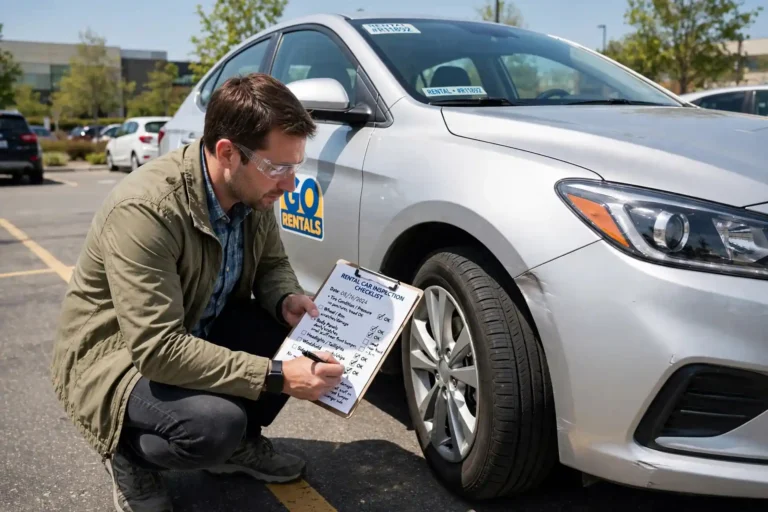 Person inspecting a rental car with a damage checklist in a parking lot