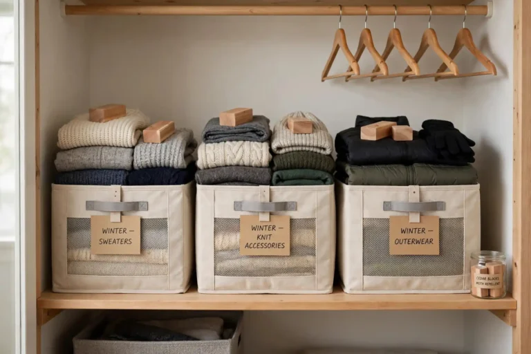 Folded winter clothes in breathable storage bins with cedar blocks